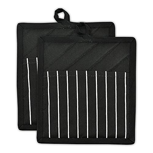 DII Design 100% Cotton, Machine Washable, Everyday Kitchen Basic, Chef Stripe Commercial Grade, Restaurant Quality Pot Holder Set of 2, Black
