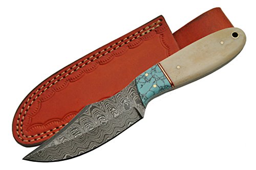 SZCO Supplies Turquoise Bone Damascus Steel Skinning Knife Damascus Steel Knife