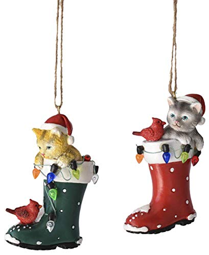 Ganz MX180232 Cat in Santa Boot Ornaments, Set of 2, 3.5 Inches Height, Multicolor