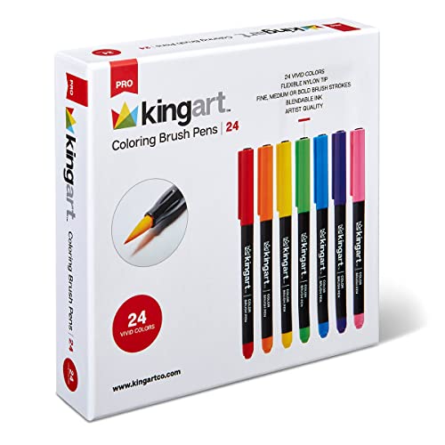 KINGART Pro, Water-Based Ink, Set of 24 Unique & Vivid Colors Brush Pens, Assorted 24 Piece