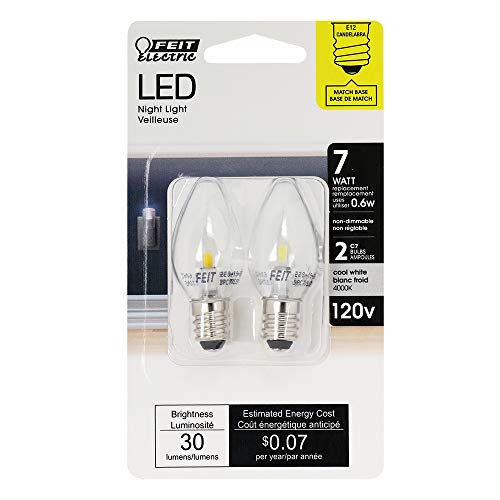 Feit Electric BPC7/LED 0.6 Watt Non Dimmable C7 Candelabra Base, Clear, LED Night Light Bulb, 2-Bulb, 4000K Cool White