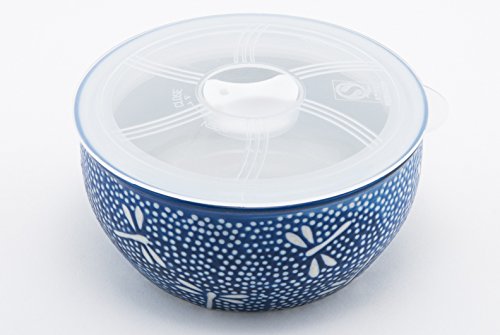 FMC Fuji Merchandise Microwave Ceramic Bowl With Lid Ideal For Food Prep Food Storage Meal Planning (Blue Dragonfly 5")