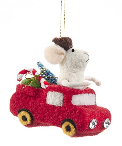 Giftcraft 682601 Christmas Wool Mouse and Pick Up Truck Ornament, 4 inch, Wool