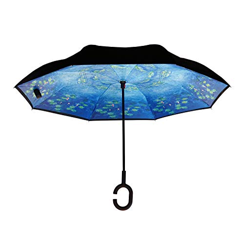 Calla Topsy Turvy Inverted Umbrella, Windproof, UV Protection, Drip-Free Inverted Design, Hands-Free Option, Comfort-Grip C-Shaped Handle and Exclusive Patterns, Monet&