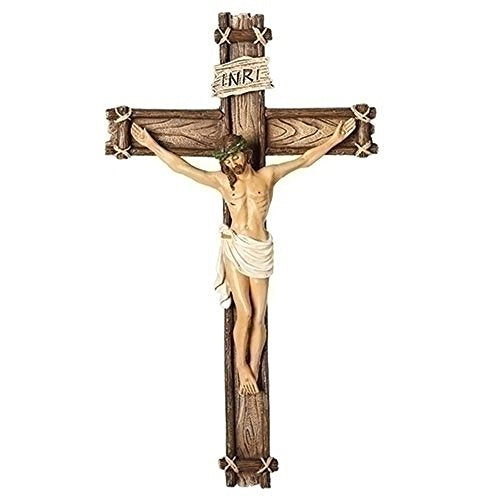 Roman Traditional Corpus Natural Textured Wood Tone 6 x 10 Resin Stone Wall Crucifix