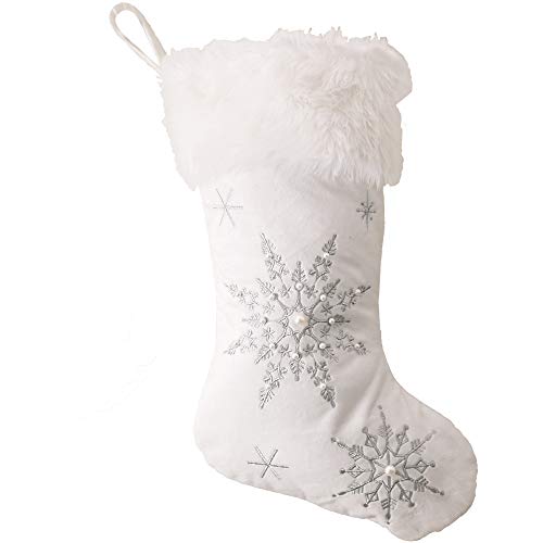Comfy Hour Let It Snow Collection 18"x11" Christmas Winter Snowflake Stocking, Soft Velvet Embroidery Stocking, Silver and White, Polyester