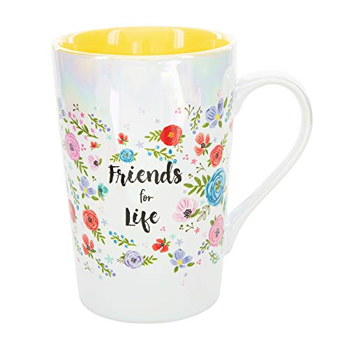 Pavilion Gift Company Friends For Life 15 Oz Stoneware Iridescent Floral Latte Coffee Cup Mug, White
