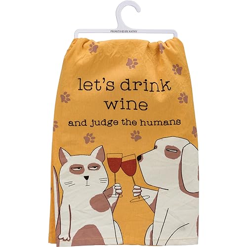 Primitives by Kathy Drink Wine and Judge The Humans Decorative Kitchen Towel, Yellow,Black, Brown, Cream, red