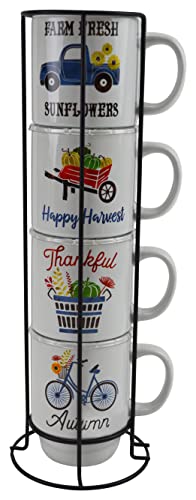 Boston Warehouse Harvest Icons Set of 4 Stacking Mugs with Stand
