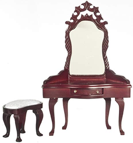 Aztec Imports Dollhouse Miniature Bedroom Furniture Mahogany Vanity Dressing Table and Stool