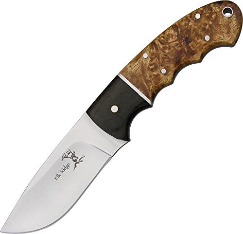 Master Cutlery Elk Ridge - Outdoors Fixed blade Knife - 8-in Overall, Mirror Finished 440 Stainless Steel Blade, Full Tang, Burl Wood Handle, Genuine Leather Sheath - Hunting, Camping, Survival - ER-128, Multi, One Size