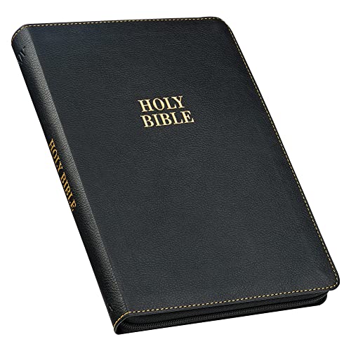 Christian Art Gifts KJV Holy Bible, Thinline Large Print Faux Leather Red Letter Edition - Thumb Index & Ribbon Marker, King James Version, Black, Zipper Closure