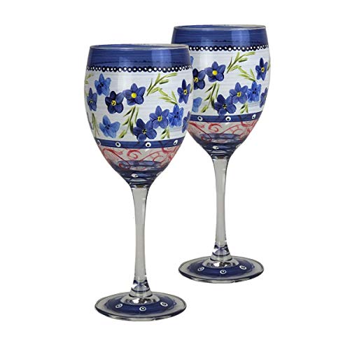 Golden Hill Studio Hand Painted Decorative Wine Glasses Set of 2 - Barcelona Blue Flower Collection - Hand Painted Glassware by USA Artists - Unique Wine Glasses - Ideal Table & Home D√©cor