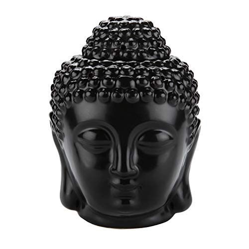 T4U Ceramic Buddha Head Essential Oil Burner with Candle Spoon Black, Aromatherapy Wax Melt Burners Oil Diffuser Tealight Candle Holders Buddha Ornament for Yoga Spa Home Bedroom Decor