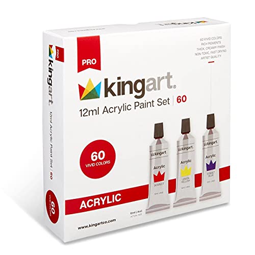 KINGART PRO Artist Acrylic Paint, 12ml (.4oz), Set of 60 Unique Colors