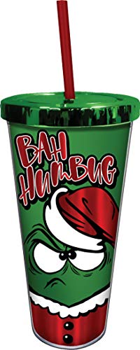 Spoontiques 21636 Bah Humbug Foil Cup w/Straw, 20 ounces, Green