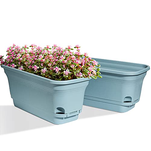 T4U Self Watering Planters Plastic Rectangular Plant Pot, Modern Decorative Flower Pot/Window Box for All House Plants, Flowers, Herbs, African Violets, Succulents - Blue, Set of 2