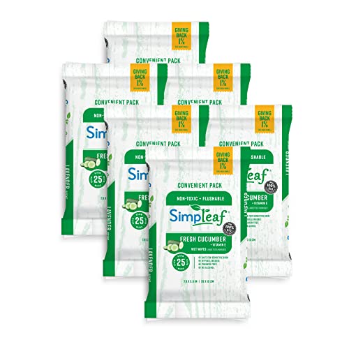 Simpleaf Brands Flushable Wet Wipes | Eco- Friendly, Paraben & Alcohol Free | Hypoallergenic & Safe for Sensitive Skin | Soothing Aloe Vera Formula with Cucumber Scent | (25-Count) 6 Pack