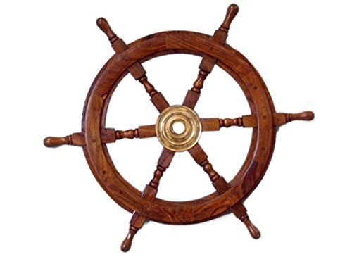 Hampton Iron Deluxe Class Wood and Brass Decorative Ship Wheel 24" - Nautical Home Decoration Gifts