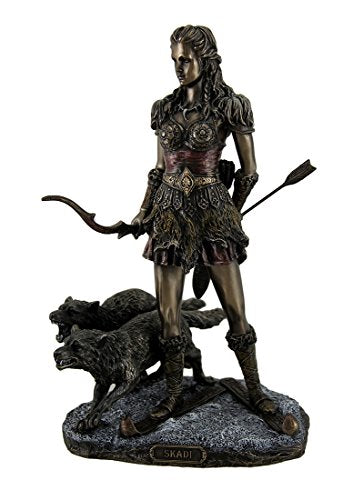 Unicorn Studio Resin Statues Skadi Norse Giantess Ski Goddess Of Winter And Mountains With Wolves Statue 8 X 10.5 X 7 Inches Bronze