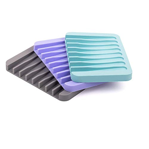 ComSaf 3 Pack Silicone Shower Soap Holder Set Soap Dish Tray Soap Dish with Self-Draining Tray for Bathroom/Kitchen/Counter Sink(Full Color: Grey Blue Purple)