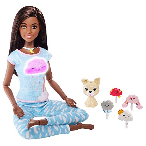 Mattel Barbie Breathe with Me Meditation Doll, Brunette, with 5 Lights & Guided Meditation Exercises, Puppy and 4 Emoji Accessories, Gift for Kids 3 to 8 Years Old