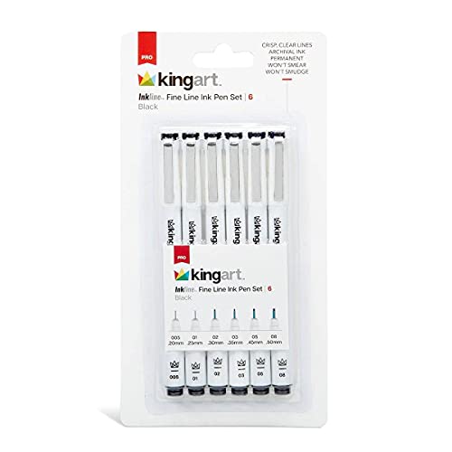 KINGART Inkline Fine Line Black Pens, Set of 6 with Assorted Tips