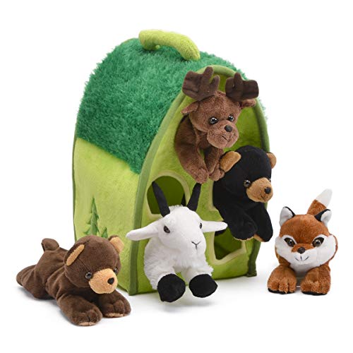 Unipak Plush Forest Animal House with Animals - Five (5) Stuffed Forest Animals ( Brown Bear, Black Bear, Moose, Frog, Fox) in Play Forest Carrying House