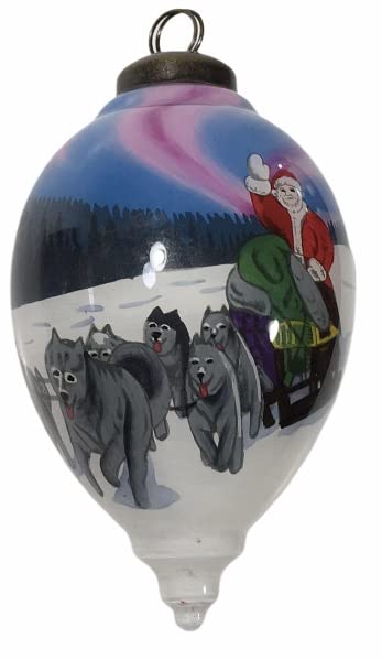 Inner Beauty Alaska Santa Sled Dog Team Wilderness Northern Lights Glass Ornament