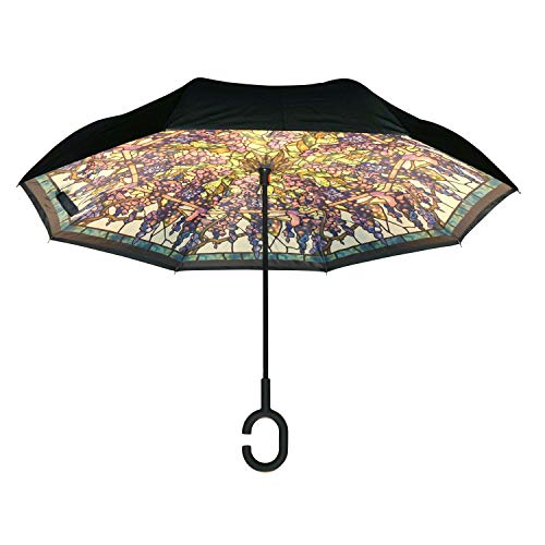 Calla Topsy Turvy Inverted Umbrella, Windproof, UV Protection, Drip-Free Inverted Design, Hands-Free Option, Comfort-Grip C-Shaped Handle and Exclusive Patterns, Vineyard Stained Glass
