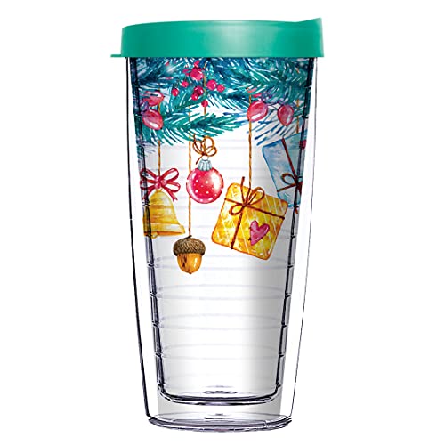 Comfy Hour Christmas Ornaments hanging on the Mistletoe Design 16 oz Clear Tumbler with Green Lid