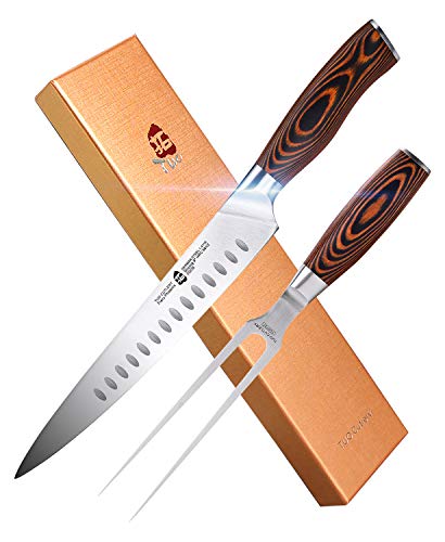 TUO Cutlery Slicing Set - 9" Carving Knife & 7" Fork - Hollow Ground German Stainless Steel Carving Knife and Fork Set 2 Pcs - Pakkawood Handle - Luxurious Gift Box Included - Fiery Phoenix Series