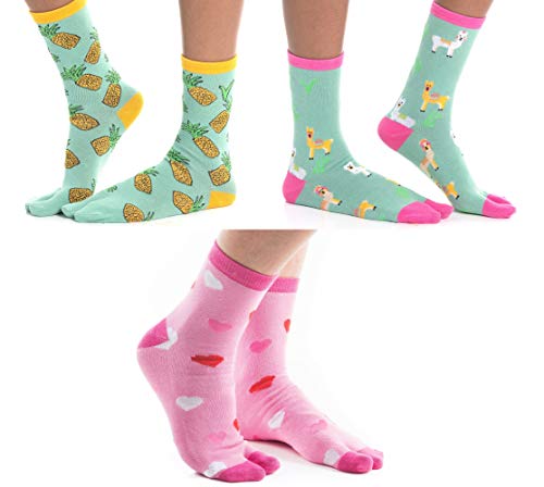 V-Toe Socks 3 Pairs V-Toe Flip-Flop Socks - Pink Heart, Llama, Pineapple Novelty Big Toe Tabi Fun Crew Socks