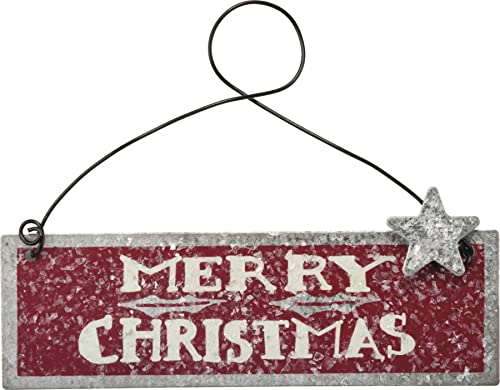 Primitives By Kathy Red Merry Christmas 4 Inches x 1.25 Inches Glitter Metal Wire Tin Decorative Hanging Ornament