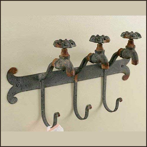 CTW Water Faucet Wall Mounted 3 Hook Rack for Coats Towels Garden Gloves Hats Cast Iron Metal Rustic Industrial Farmhouse Decor Gray and Brown