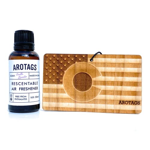 Arotags Colorado Patriot Wooden Car Air Freshener - Long Lasting Vanilla Lavender Scent Diffuses for 365+ Days - Includes Hanging Mirror Diffuser and Fragrance Oil - 100% American Made