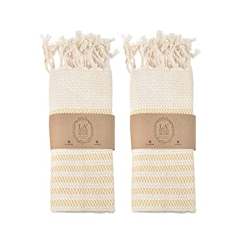 La Hammam Turkish Hand Towels Set of 2, 18"x36", Cotton, Ultra Soft, Absorbent & Quick Dry, Decorative Hand Towel for Bathroom, Kitchen, Hair, Dishcloth, Tea, Yoga, Face, Gym & Spa Shiran Yellow