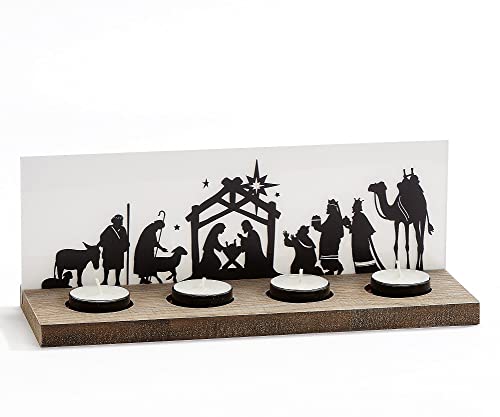 Giftcraft 666536 Christmas Nativity Tealight Holder, 3.94 inch, Medium Density Fiberboard, Metal and Glass.