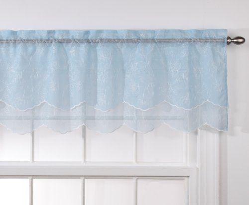 Belle Maison Stylemaster Renaissance Home Fashion Reese Embroidered Sheer Layered Scalloped Valance, 55-Inch by 17-Inch, Sky