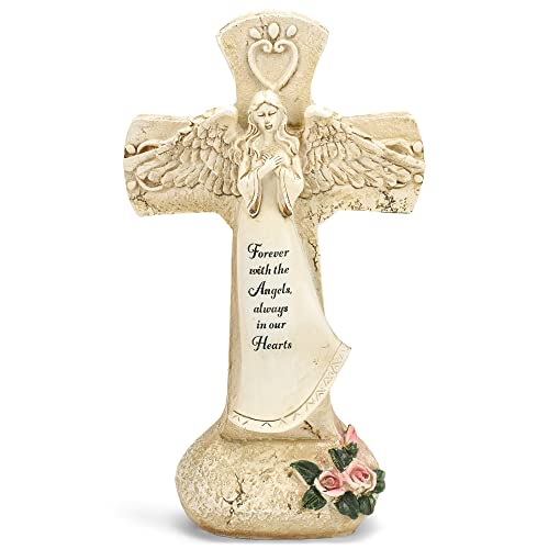 Napco Forever with The Angels Cross Cream Color 9.5 Inch Resin Outdoor Garden Statue