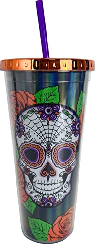 Spoontiques - Acrylic Foil Cup with Straw - 20 - Metallic Locking Lid with Straw - Double Wall Insulated - BPA Free - Sugar Skull Foil Tumbler