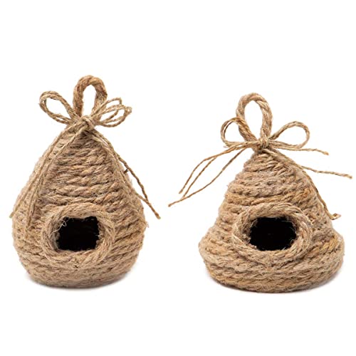 Meravic Jute Decorative Beehive Honey Bee Skep with Jute Bow, Set of 2, 5.5-inch Height, Tabletop Decoration
