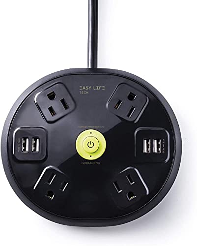4 Outlet 4 USB Black Power Strip Surge Protector with 6 ft Extension Cord, 1200 Joules, Round Design by Easylife Tech