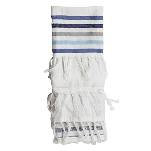 Foreside Home & Garden Blue Striped 27 x 18 Inch Woven Kitchen Tea Towel with Hand Sewn Fringe