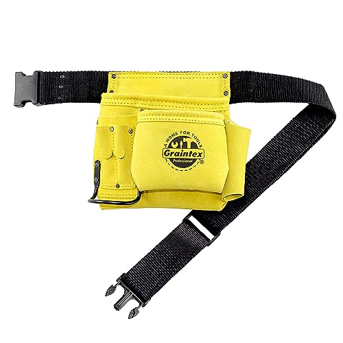 Graintex SS2079 5 Pocket Nail & Tool Pouch Yellow Color Suede Leather with 2‚Äù Webbing Belt for Constructors, Electricians, Plumbers, Handymen