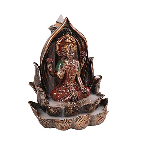 Pacific Trading Giftware Sacred Hindu Goddess Lakshmi Sitting on Lotus Flower Resin Home Decor Backflow Burner