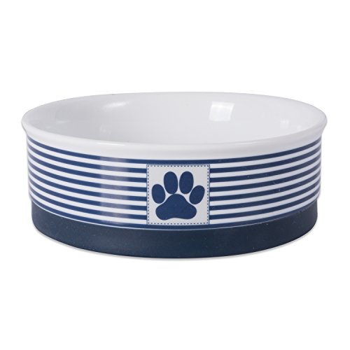 DII Design Bone Dry Paw Patch & Stripes Ceramic Pet Bowl & Canister Collection, Medium Bowl - 6 x 6 x 2", Nautical Blue