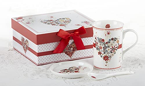 Delton Products 8152-8 Porcelain Mug-Coaster-Spoon Set, Floral Heart