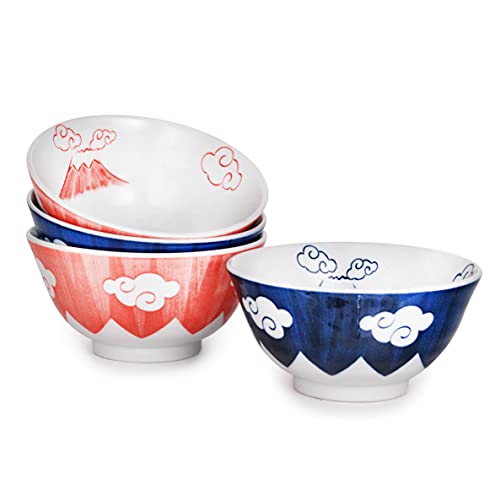 FMC Fuji Merchandise Hinomaru Collection Japanese Authentic Minoware Porcelain 14 fl oz Rice Bowl Set of 4 Mount Fuji Design Tableware Made in Japan