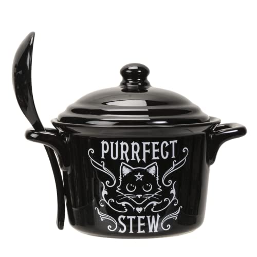 Pacific Trading Giftware Purrfect Stew Serving Pot with Spoon, Ceramic Bowl for Soup Dishes, Approximately 4.72 Inches X 5.91Inches, 14 FL OZ